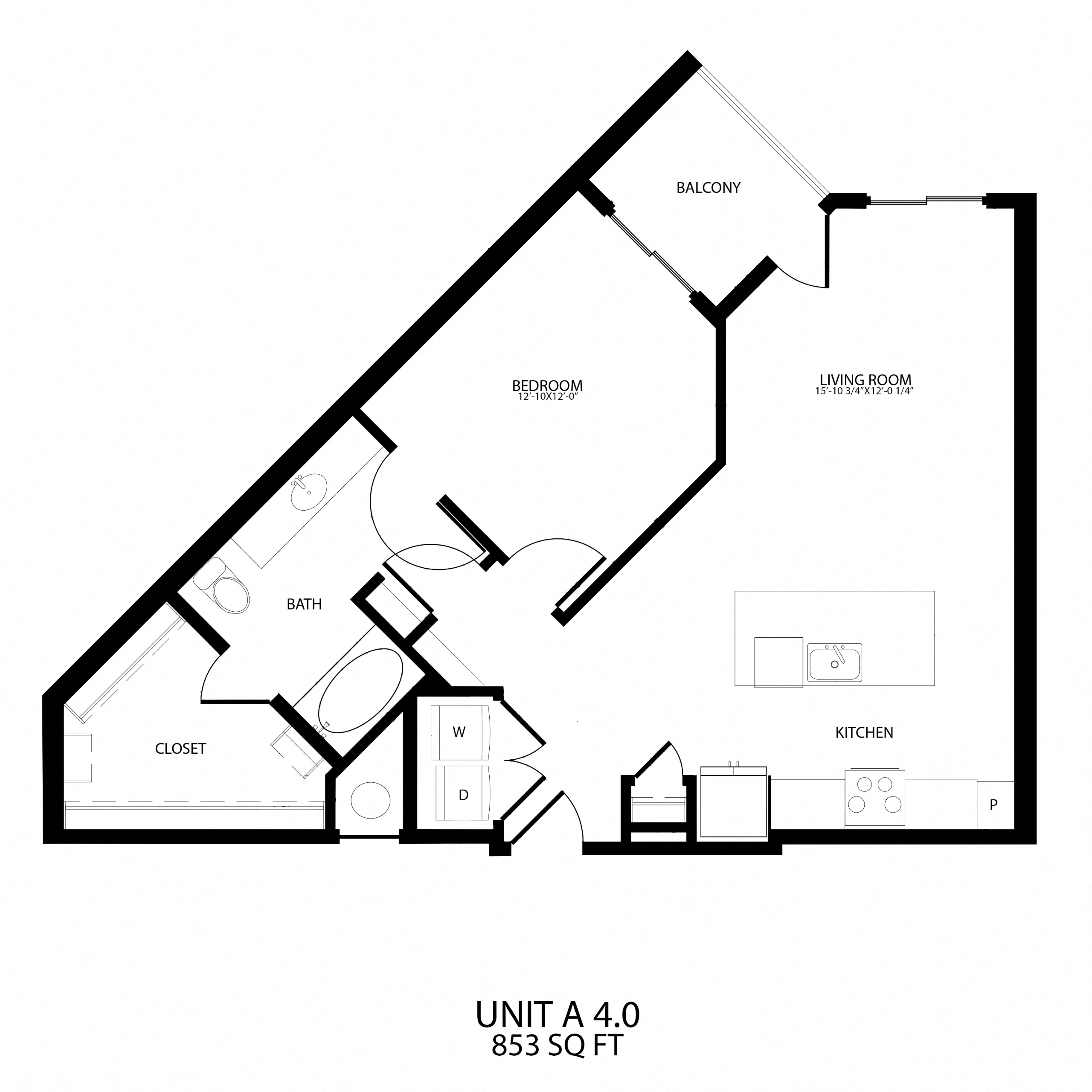 Floor plan for 1 bed, 1 bath, 853 sqft